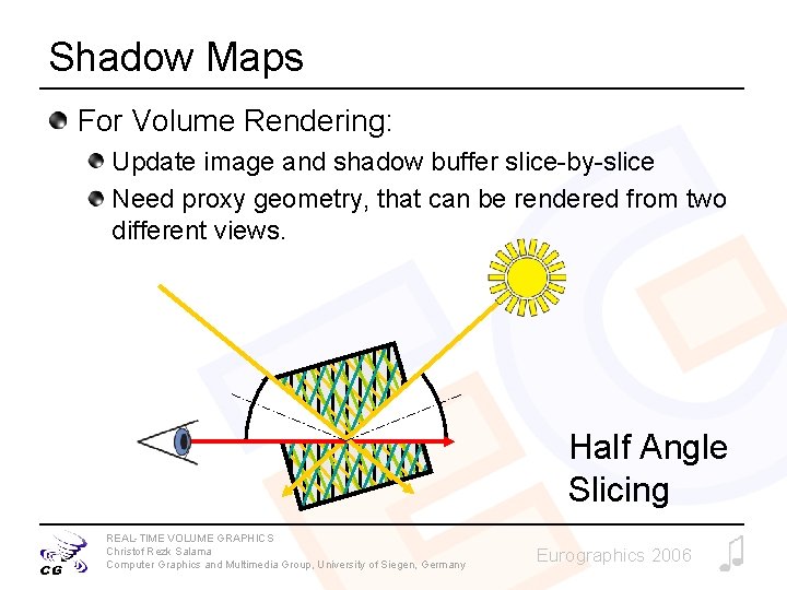 Shadow Maps For Volume Rendering: Update image and shadow buffer slice-by-slice Need proxy geometry,