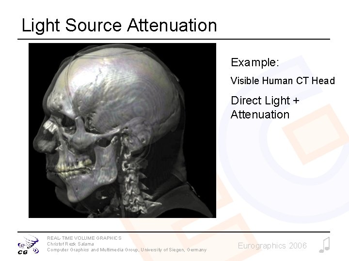 Light Source Attenuation Example: Visible Human CT Head Direct Light + Attenuation REAL-TIME VOLUME