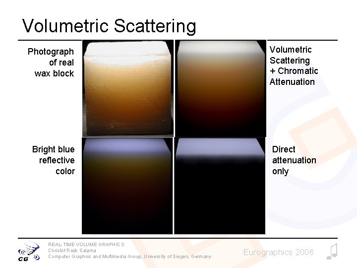 Volumetric Scattering Photograph of real wax block Volumetric Scattering + Chromatic Attenuation Bright blue