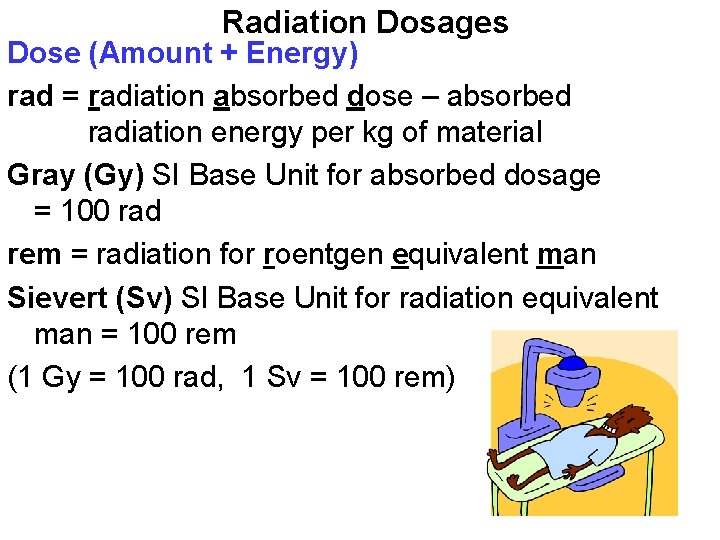 Radiation Dosages Dose (Amount + Energy) rad = radiation absorbed dose – absorbed radiation