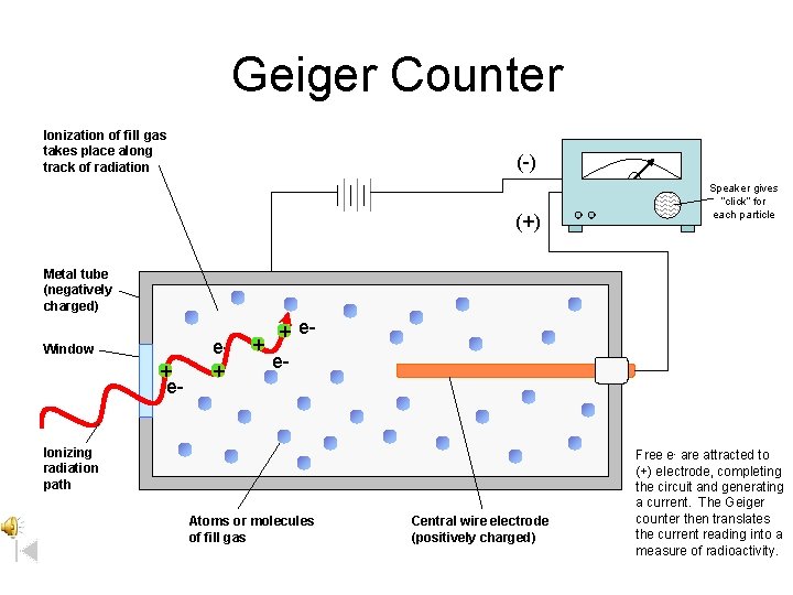 Geiger Counter Ionization of fill gas takes place along track of radiation (-) Speaker