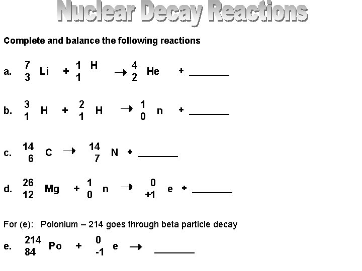 Complete and balance the following reactions a. 7 1 H Li + 3 1