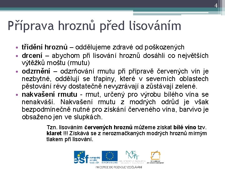 4 Příprava hroznů před lisováním • třídění hroznů – oddělujeme zdravé od poškozených •
