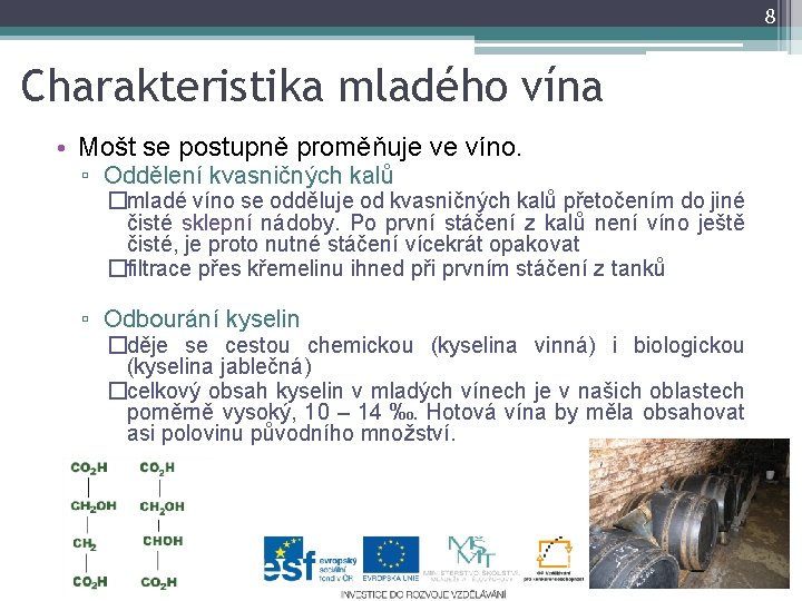 8 Charakteristika mladého vína • Mošt se postupně proměňuje ve víno. ▫ Oddělení kvasničných