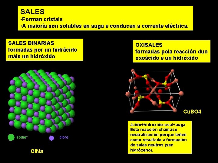 SALES • Forman cristais • A maioría son solubles en auga e conducen a
