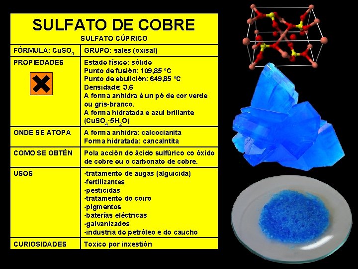 SULFATO DE COBRE SULFATO CÚPRICO FÓRMULA: Cu. SO 4 GRUPO: sales (oxisal) PROPIEDADES Estado