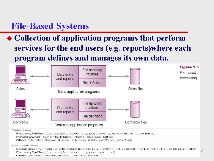 File-Based Systems u Collection of application programs that perform services for the end users