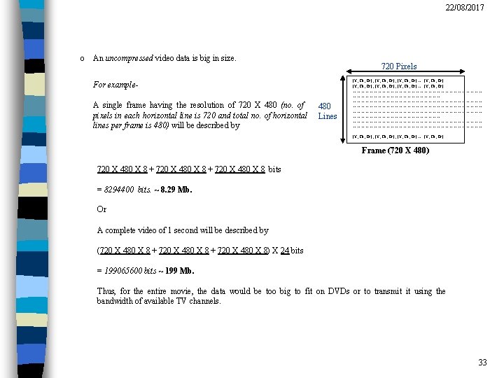 22/08/2017 o An uncompressed video data is big in size. 720 Pixels For example.