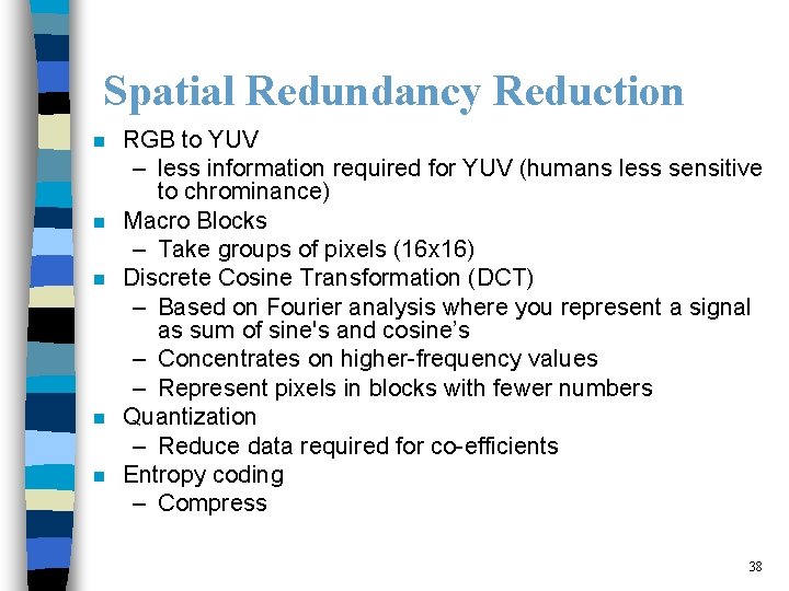 Spatial Redundancy Reduction n n RGB to YUV – less information required for YUV