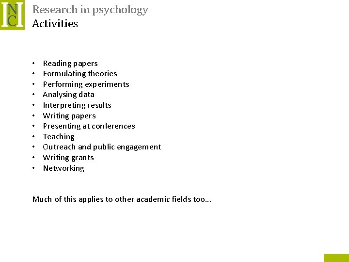 Research in psychology Activities • • • Reading papers Formulating theories Performing experiments Analysing