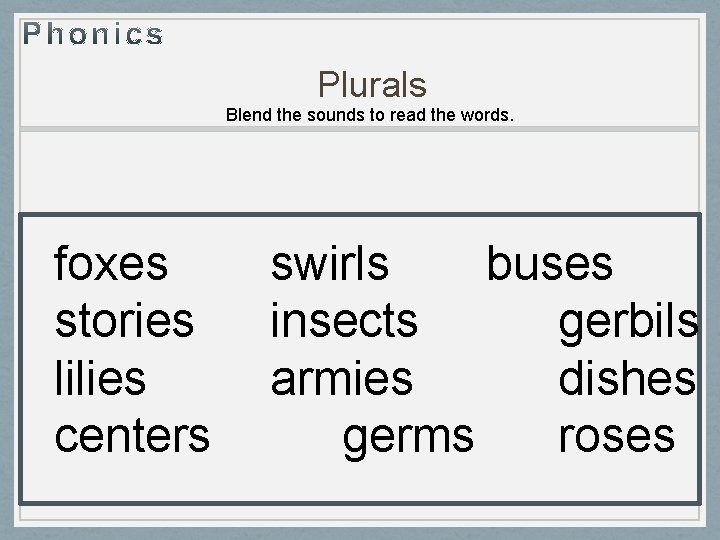 Plurals Blend the sounds to read the words. foxes stories lilies centers swirls buses