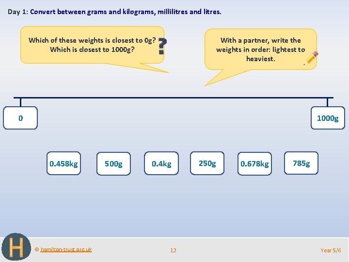 Day 1: Convert between grams and kilograms, millilitres and litres. With a partner, write
