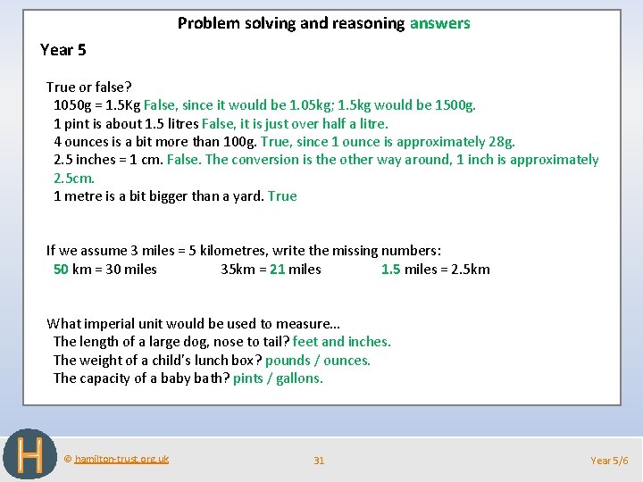 Problem solving and reasoning answers Year 5 True or false? 1050 g = 1.