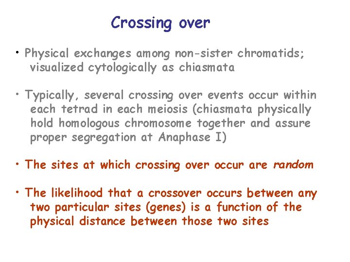Crossing over • Physical exchanges among non-sister chromatids; visualized cytologically as chiasmata • Typically,