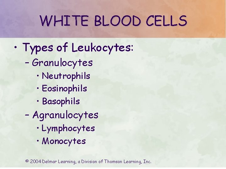 WHITE BLOOD CELLS • Types of Leukocytes: – Granulocytes • Neutrophils • Eosinophils •