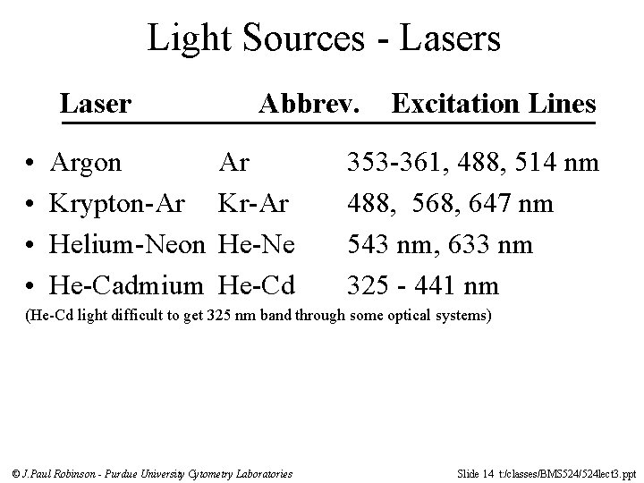 Light Sources - Lasers Laser • • Argon Krypton-Ar Helium-Neon He-Cadmium Abbrev. Ar Kr-Ar