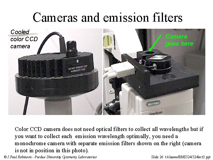 Cameras and emission filters Cooled color CCD camera Camera goes here Color CCD camera