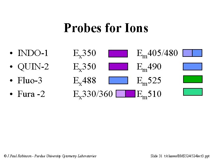 Probes for Ions • • INDO-1 QUIN-2 Fluo-3 Fura -2 Ex 350 Ex 488