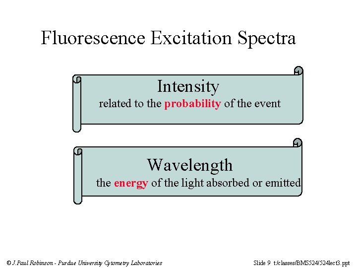 Fluorescence Excitation Spectra Intensity related to the probability of the event Wavelength the energy