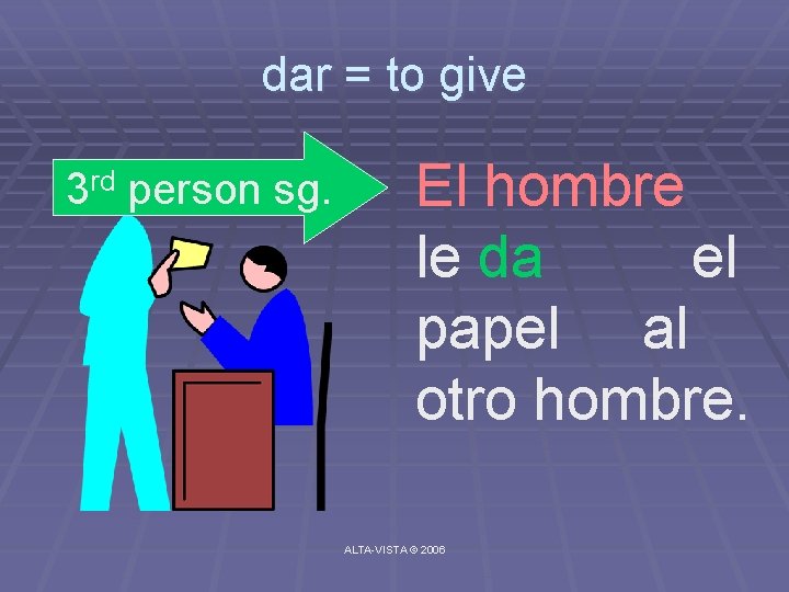 dar = to give 3 rd person sg. El hombre le da el papel