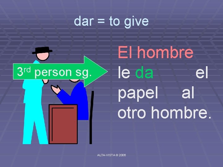 dar = to give 3 rd person sg. El hombre le da el papel