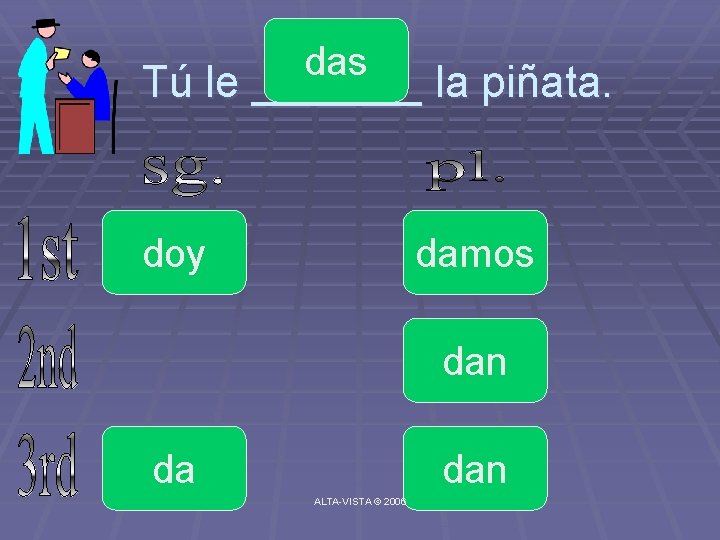 das Tú le _______ la piñata. doy damos dan da dan ALTA-VISTA © 2006