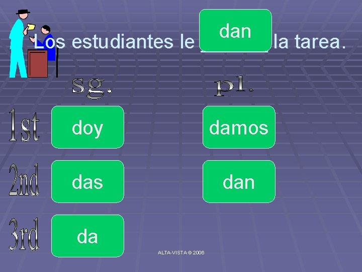 dan Los estudiantes le ______ la tarea. doy damos dan da ALTA-VISTA © 2006