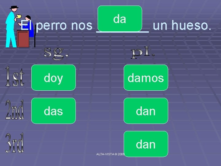 da El perro nos _______ un hueso. doy damos dan dan ALTA-VISTA © 2006