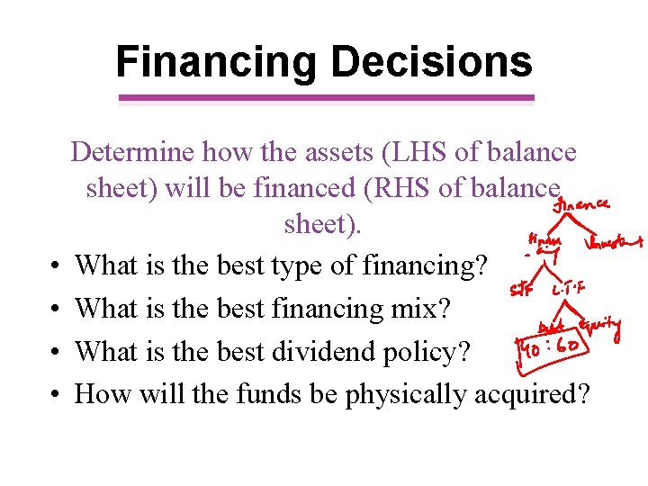 Financing Decisions • • Determine how the assets (LHS of balance sheet) will be