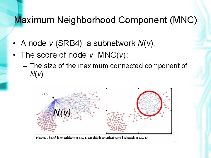 Maximum Neighborhood Component (MNC) • A node v (SRB 4), a subnetwork N(v). •