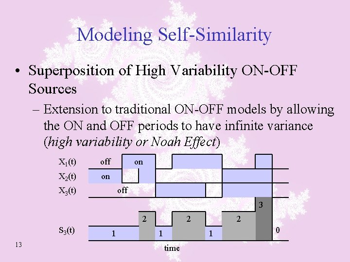 Modeling Self-Similarity • Superposition of High Variability ON-OFF Sources – Extension to traditional ON-OFF