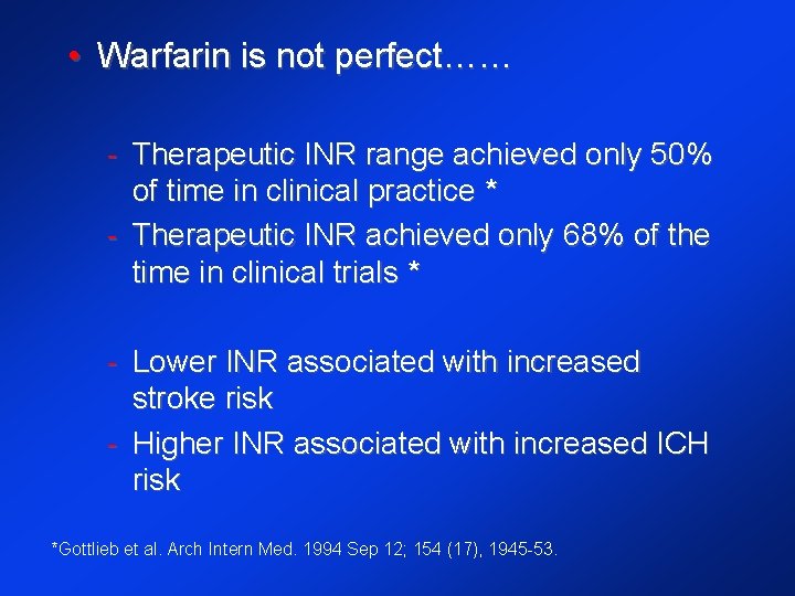  • Warfarin is not perfect…… - Therapeutic INR range achieved only 50% of