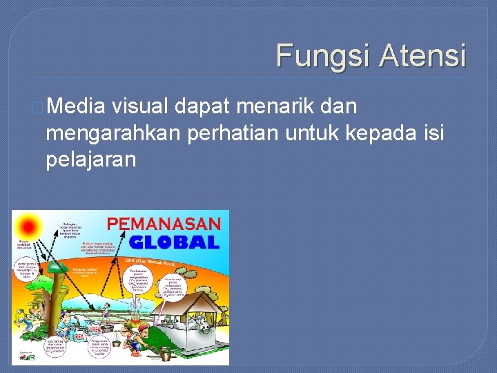 Fungsi Atensi �Media visual dapat menarik dan mengarahkan perhatian untuk kepada isi pelajaran 