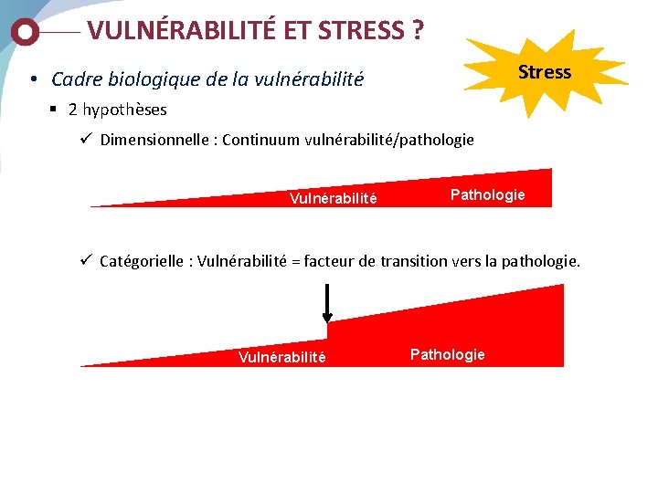VULNÉRABILITÉ ET STRESS ? Stress • Cadre biologique de la vulnérabilité § 2 hypothèses