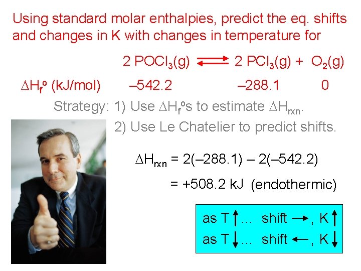 Using standard molar enthalpies, predict the eq. shifts and changes in K with changes