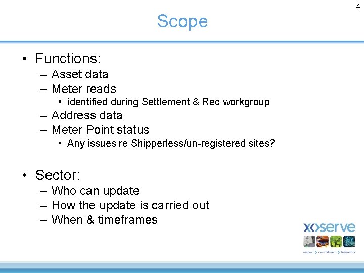 4 Scope • Functions: – Asset data – Meter reads • identified during Settlement