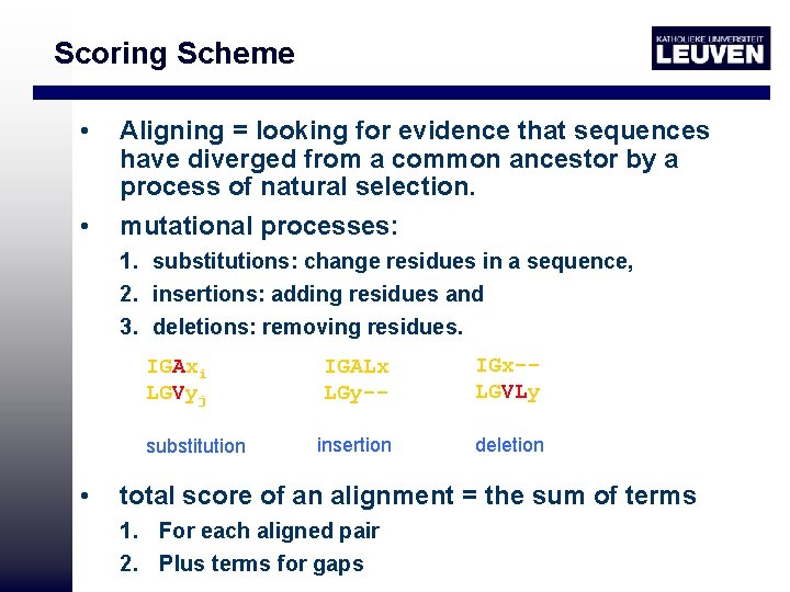 Scoring Scheme • • Aligning = looking for evidence that sequences have diverged from