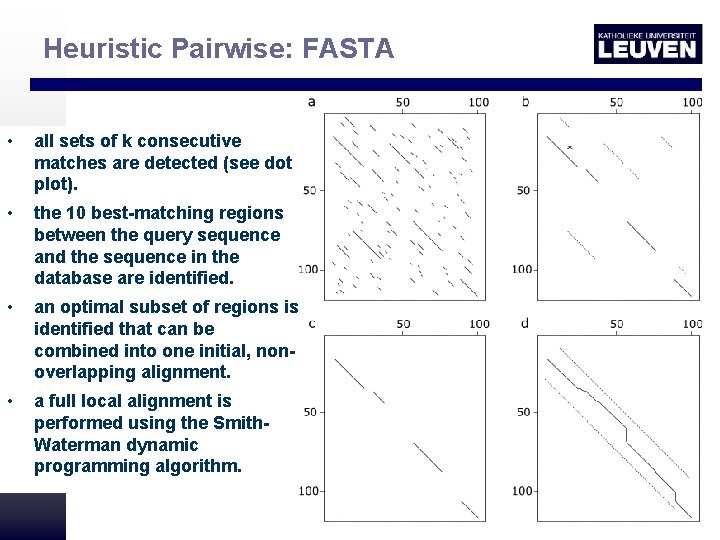 Heuristic Pairwise: FASTA • all sets of k consecutive matches are detected (see dot