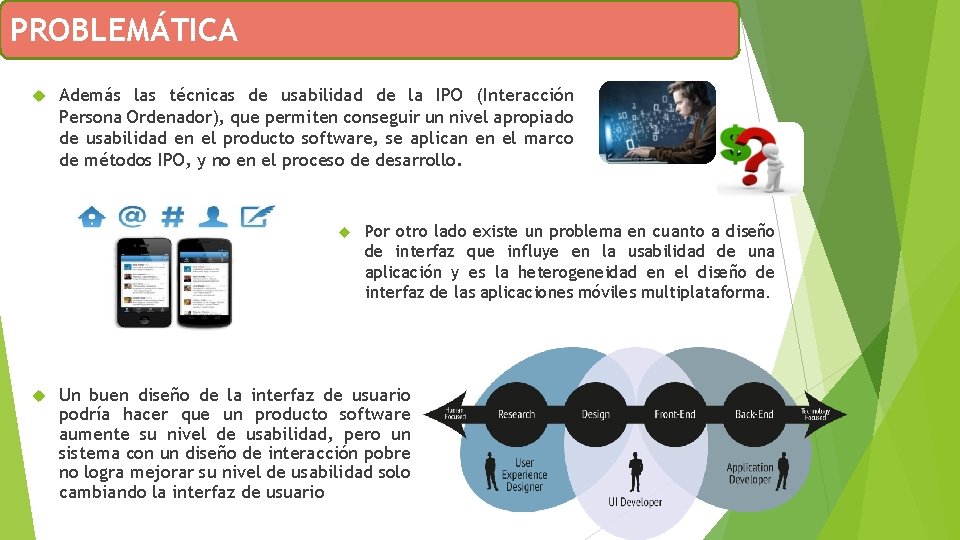 PROBLEMÁTICA Además las técnicas de usabilidad de la IPO (Interacción Persona Ordenador), que permiten