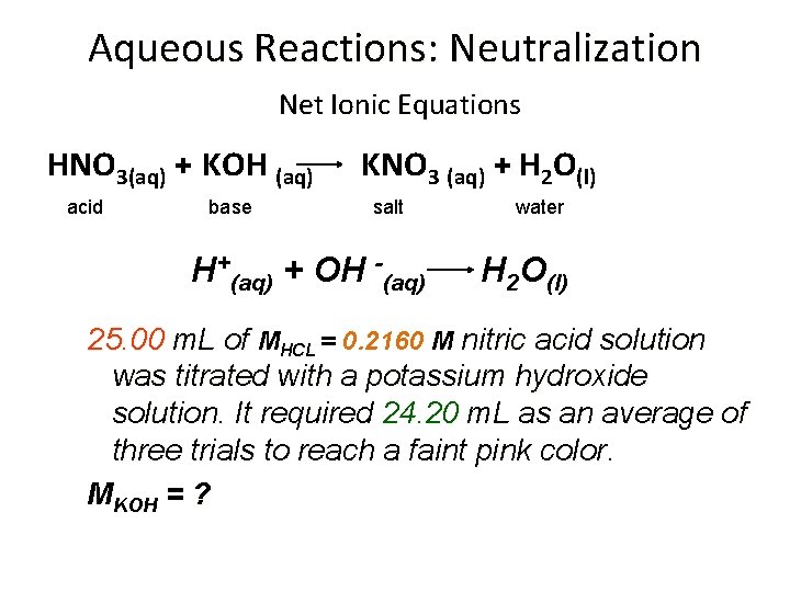 Aqueous Reactions: Neutralization Net Ionic Equations HNO 3(aq) + KOH (aq) acid base KNO