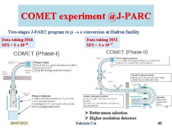COMET experiment @J-PARC Two-stages J-PARC program to e conversion at Hadron facility Data taking