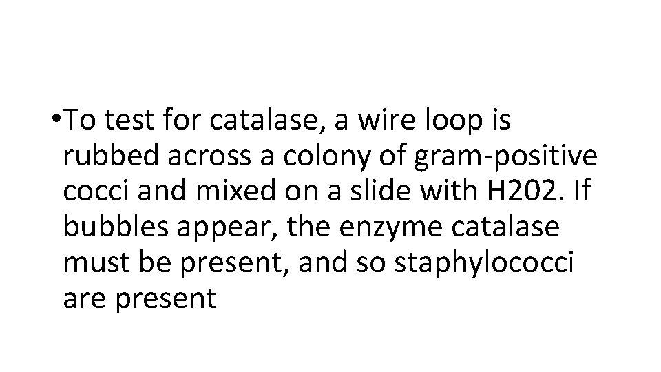  • To test for catalase, a wire loop is rubbed across a colony
