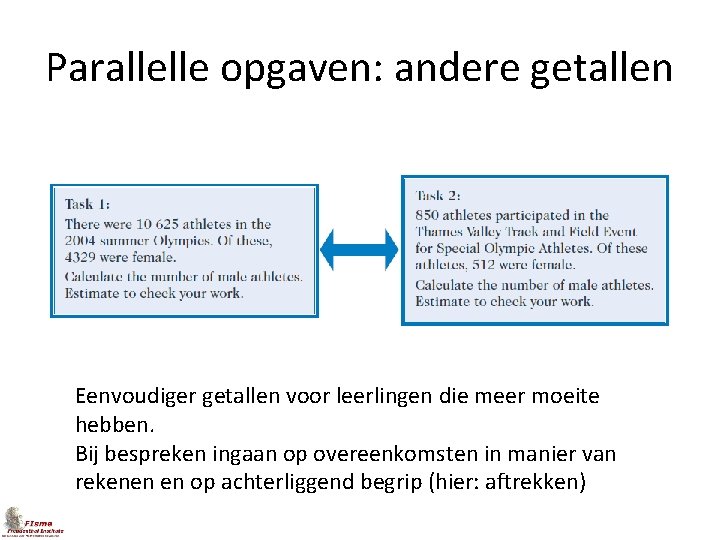 Parallelle opgaven: andere getallen Eenvoudiger getallen voor leerlingen die meer moeite hebben. Bij bespreken