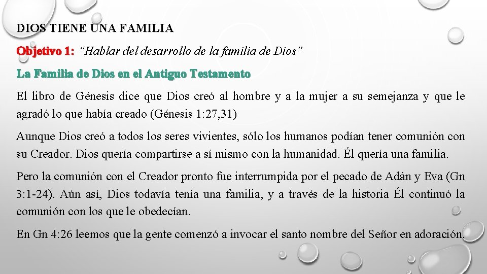 DIOS TIENE UNA FAMILIA Objetivo 1: “Hablar del desarrollo de la familia de Dios”