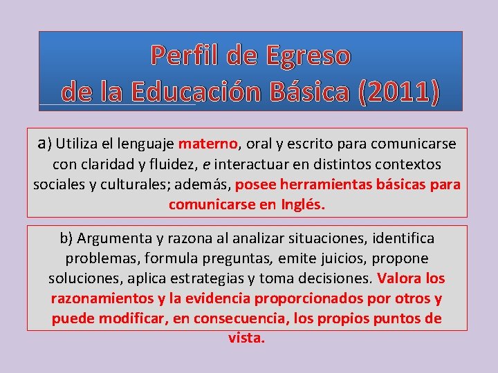 Perfil de Egreso de la Educación Básica (2011) a) Utiliza el lenguaje materno, oral Perfil de Egreso de la Educación Básica (2011) a) Utiliza el lenguaje materno, oral