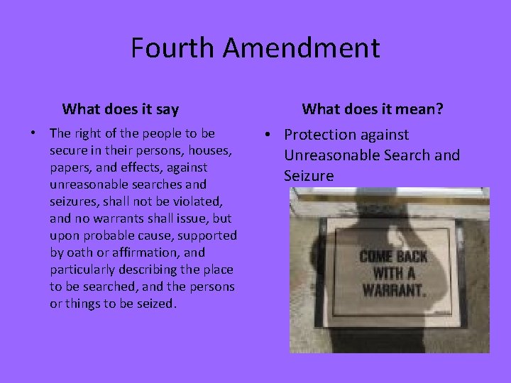 Fourth Amendment What does it say • The right of the people to be