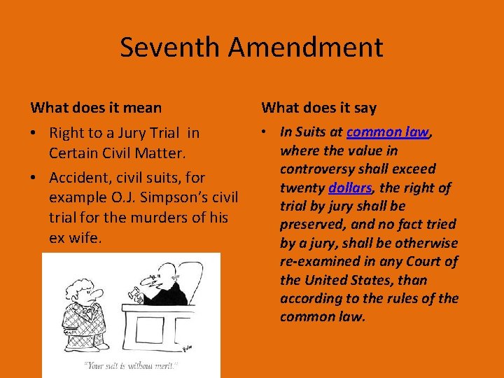 Seventh Amendment What does it mean What does it say • Right to a