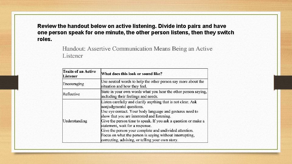 Review the handout below on active listening. Divide into pairs and have one person