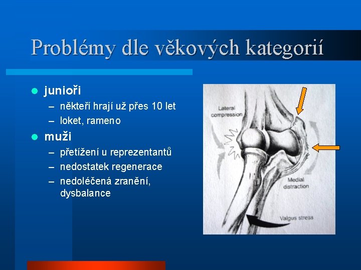 Problémy dle věkových kategorií l junioři – někteří hrají už přes 10 let –