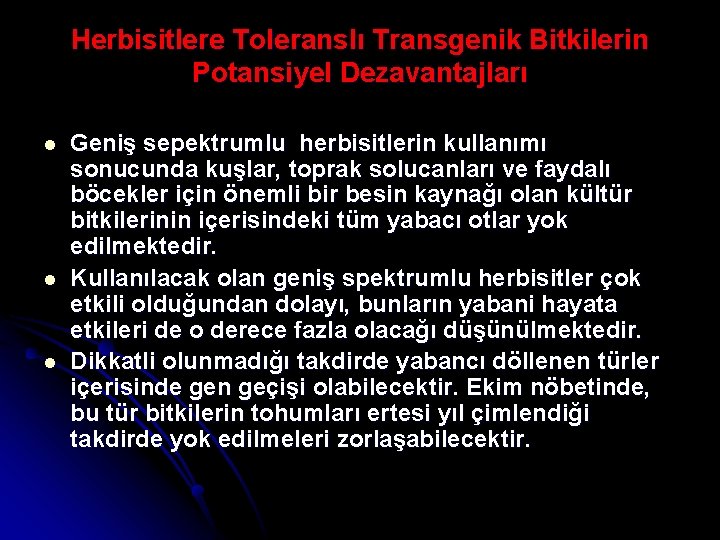 Herbisitlere Toleranslı Transgenik Bitkilerin Potansiyel Dezavantajları l l l Geniş sepektrumlu herbisitlerin kullanımı sonucunda